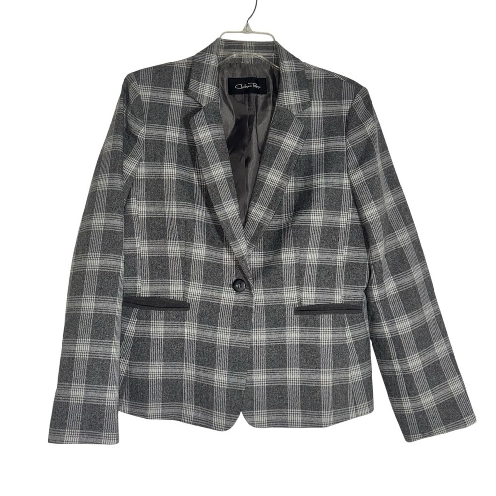 Chic Checkered Single Button Blazer with Front Pockets in Black White and Gray